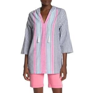 TOMMY BAHAMA Lovely Lanes 3/4-Sleeve Baja Linen-Blend Hoodie Tunic Top Size XL